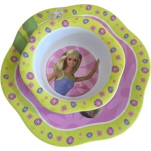 Vintage 1999 Barbie Plate and Bowl Set Selandia Melamine Floral Green Pink 90s